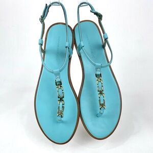 Banana Republic Mariah T-strap Sandal Flat Blue Leather Gold Chain Womens 8